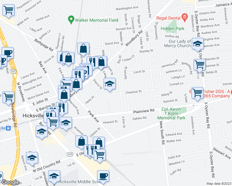 map of restaurants, bars, coffee shops, grocery stores, and more near 42 Elm Street in Hicksville