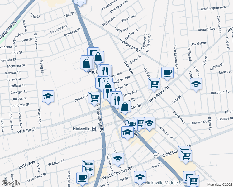 map of restaurants, bars, coffee shops, grocery stores, and more near 38 Thorman Avenue in Hicksville