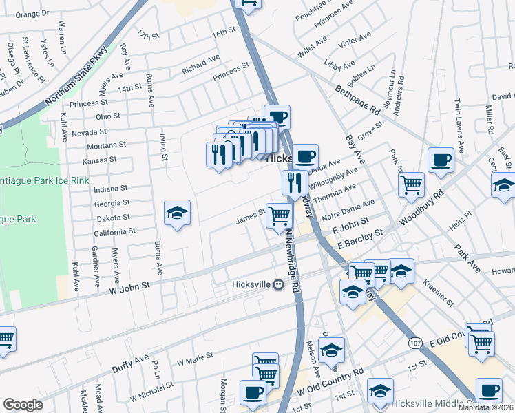 map of restaurants, bars, coffee shops, grocery stores, and more near 110 Sackett Street in Hicksville