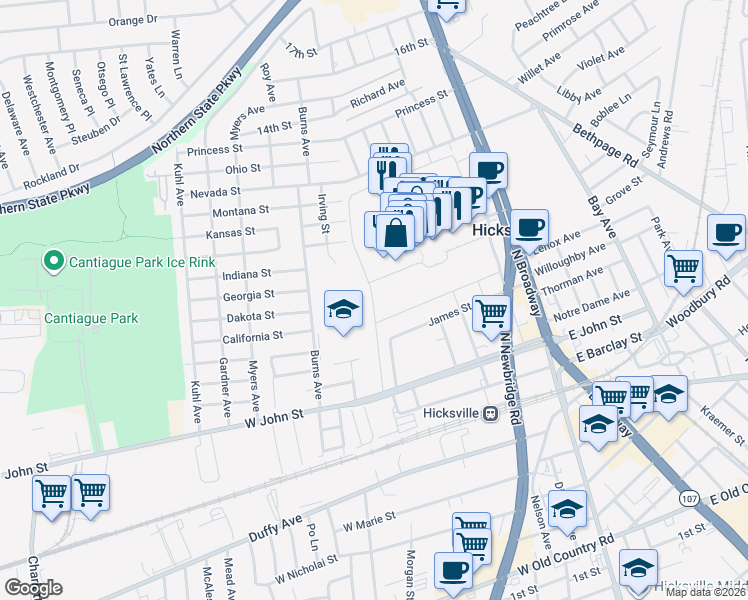 map of restaurants, bars, coffee shops, grocery stores, and more near 482 North Broadway in Hicksville