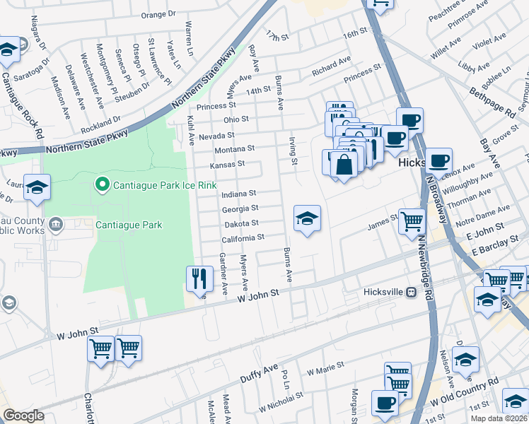 map of restaurants, bars, coffee shops, grocery stores, and more near 12 Indiana Street in Hicksville
