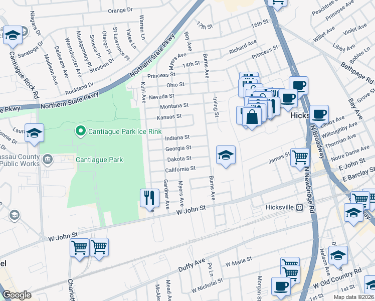 map of restaurants, bars, coffee shops, grocery stores, and more near 12 Indiana Street in Hicksville