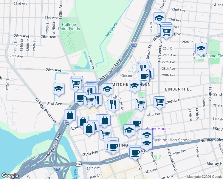 map of restaurants, bars, coffee shops, grocery stores, and more near 29-09 137th Street in Queens