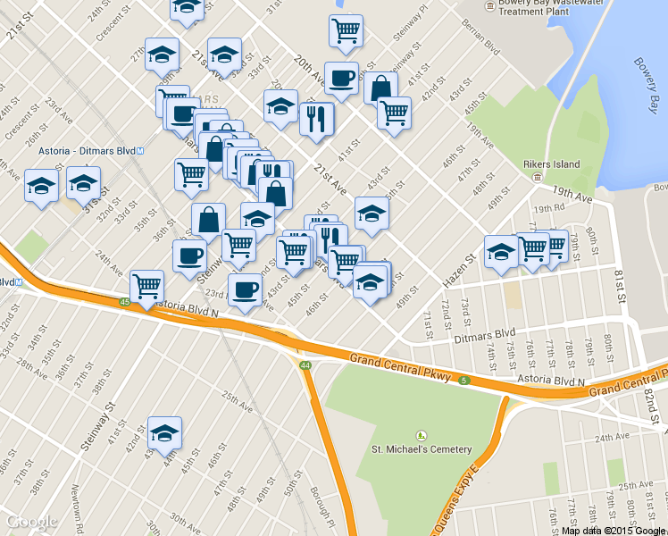 map of restaurants, bars, coffee shops, grocery stores, and more near 21-49 45th Street in Queens