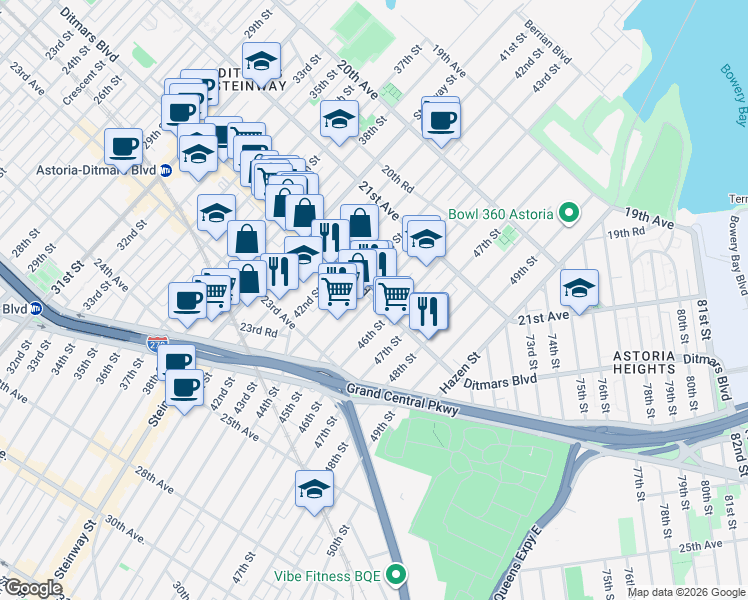 map of restaurants, bars, coffee shops, grocery stores, and more near in Queens