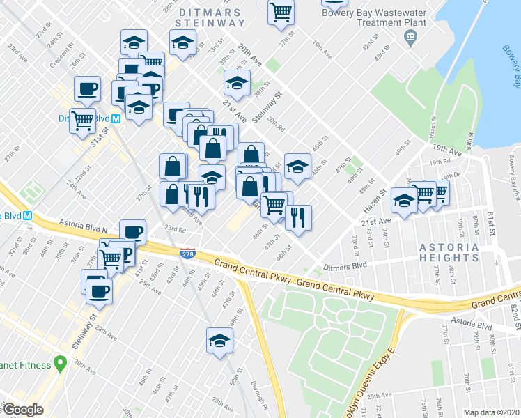 map of restaurants, bars, coffee shops, grocery stores, and more near 43-01 Ditmars Boulevard in Queens