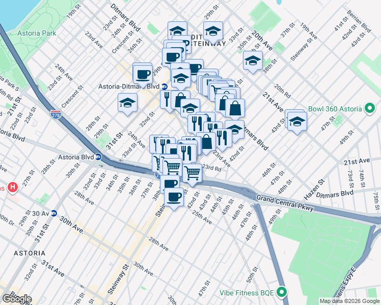 map of restaurants, bars, coffee shops, grocery stores, and more near 23-12 38th Street in Queens