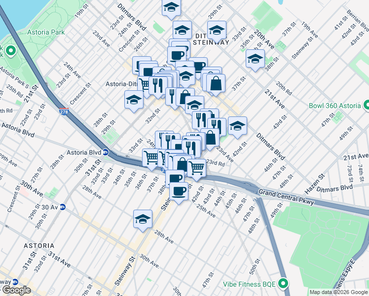 map of restaurants, bars, coffee shops, grocery stores, and more near 23-36 37th Street in Queens