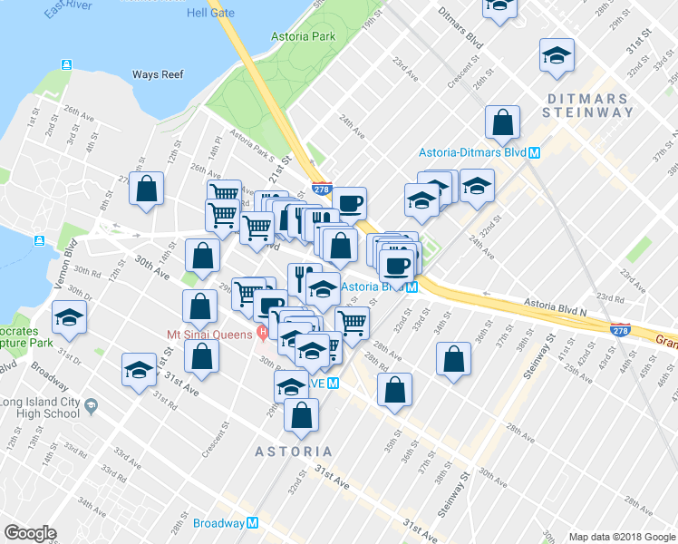 map of restaurants, bars, coffee shops, grocery stores, and more near 26-14 25th Road in Queens