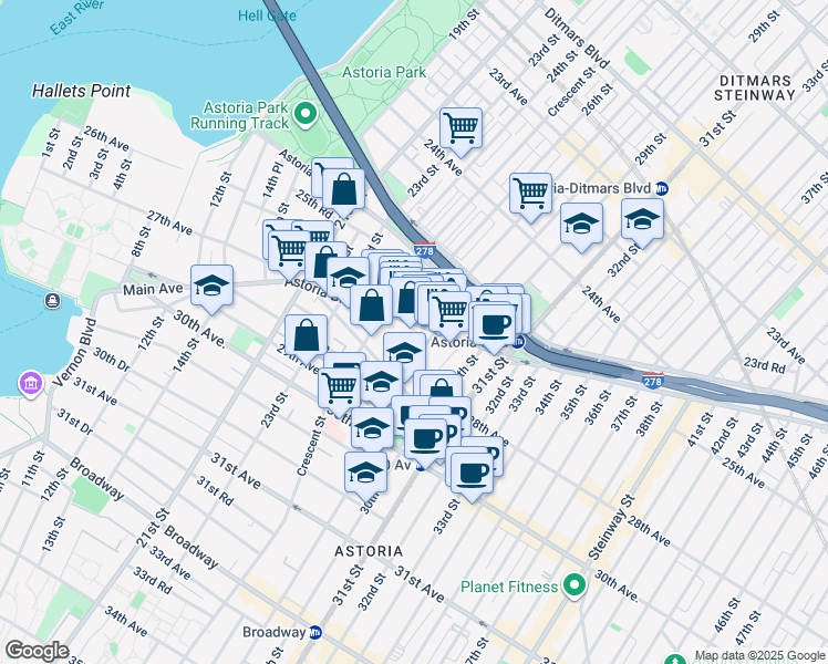 map of restaurants, bars, coffee shops, grocery stores, and more near 26-14 25th Road in Queens