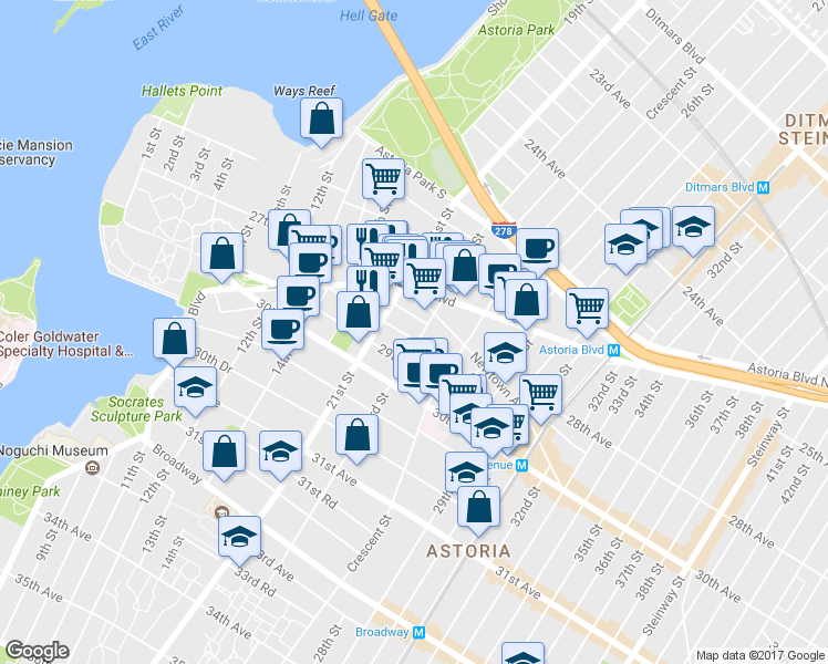 map of restaurants, bars, coffee shops, grocery stores, and more near 27-24 23rd Street in Queens