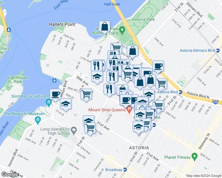 map of restaurants, bars, coffee shops, grocery stores, and more near 24-43 28th Street in Queens