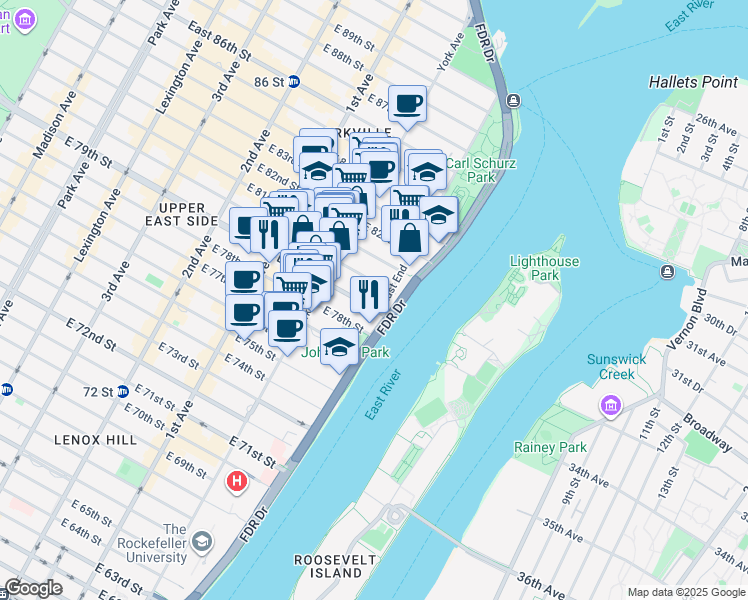 map of restaurants, bars, coffee shops, grocery stores, and more near 528 East 80th Street in New York
