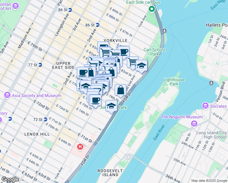 map of restaurants, bars, coffee shops, grocery stores, and more near 503 East 79th Street in New York