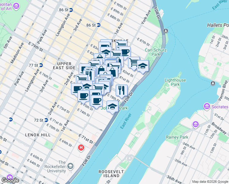 map of restaurants, bars, coffee shops, grocery stores, and more near 503 East 79th Street in New York