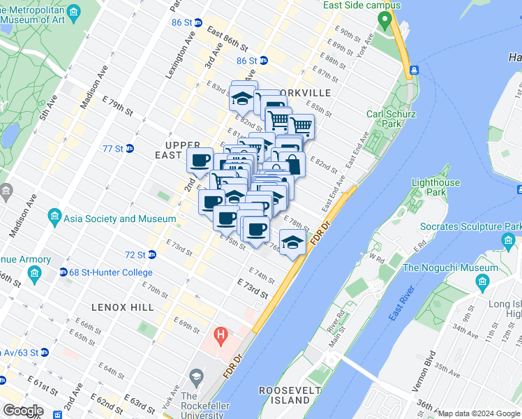 map of restaurants, bars, coffee shops, grocery stores, and more near 425 East 79th Street in New York