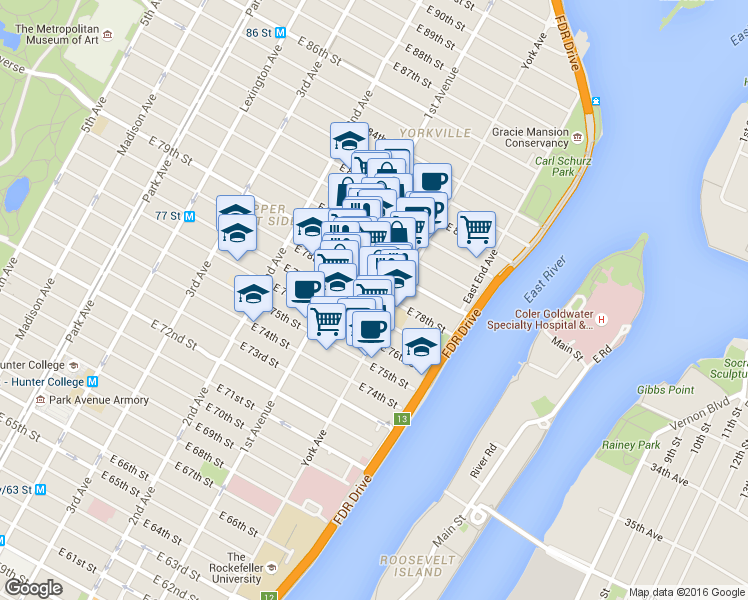 map of restaurants, bars, coffee shops, grocery stores, and more near 440 East 79th Street in New York