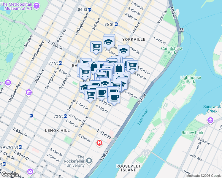 map of restaurants, bars, coffee shops, grocery stores, and more near in New York