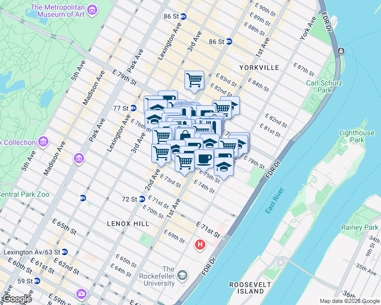 map of restaurants, bars, coffee shops, grocery stores, and more near 345 East 77th Street in New York
