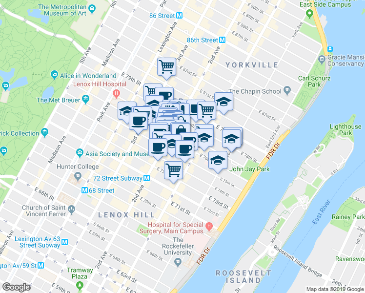 map of restaurants, bars, coffee shops, grocery stores, and more near 1460 2nd Avenue in New York