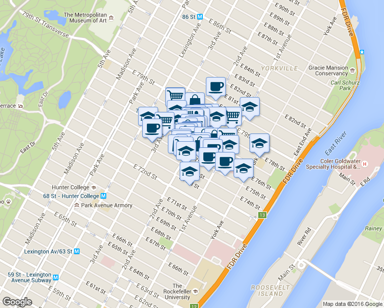 map of restaurants, bars, coffee shops, grocery stores, and more near 1460 2nd Avenue in New York