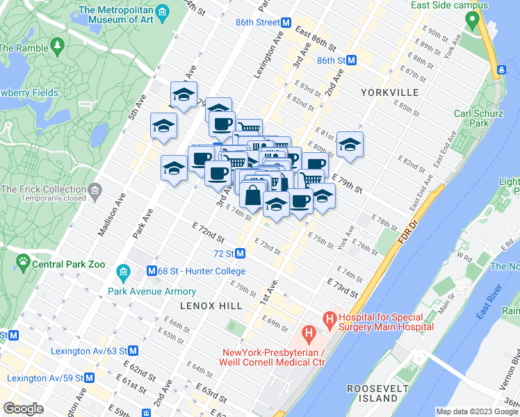 map of restaurants, bars, coffee shops, grocery stores, and more near in New York