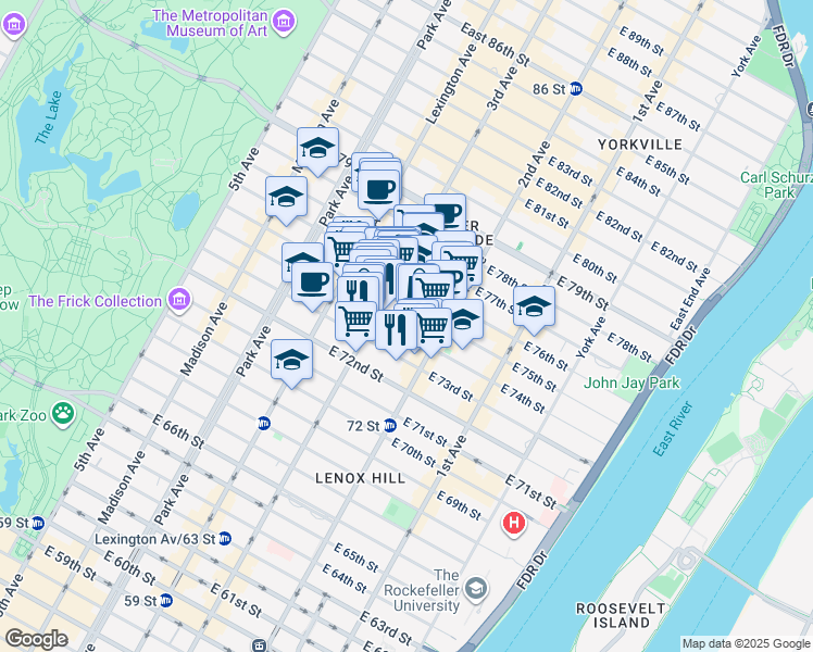 map of restaurants, bars, coffee shops, grocery stores, and more near 1309 3rd Avenue in New York
