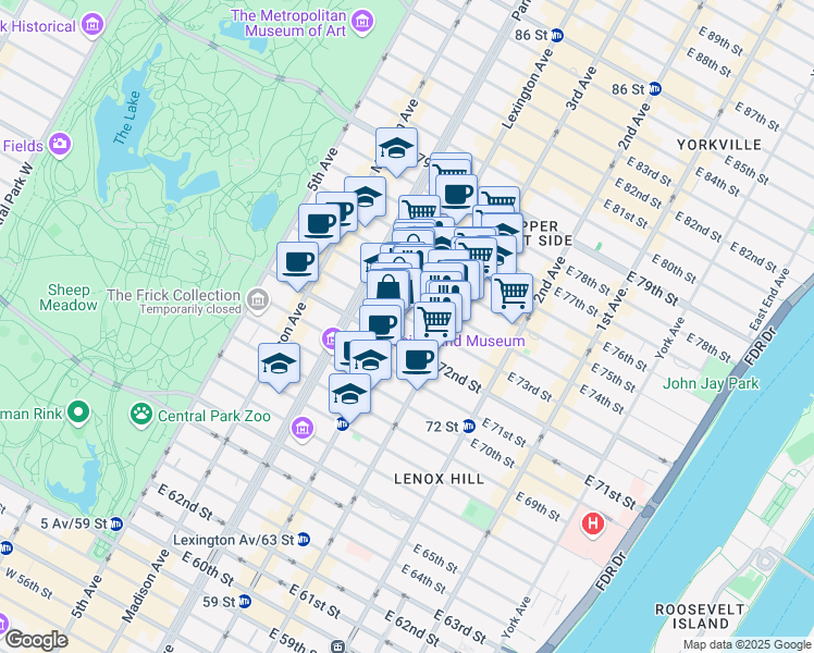 map of restaurants, bars, coffee shops, grocery stores, and more near 125 East 73rd Street in New York