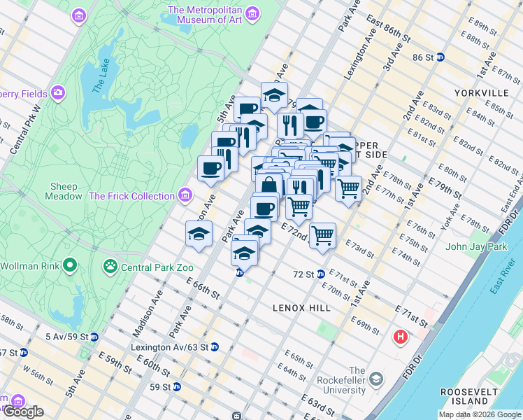 map of restaurants, bars, coffee shops, grocery stores, and more near 125 East 73rd Street in New York