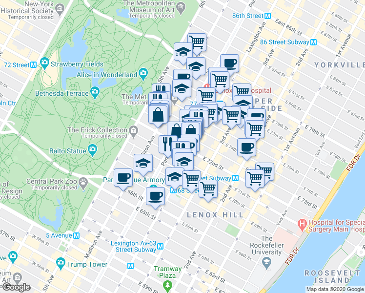 map of restaurants, bars, coffee shops, grocery stores, and more near 775-779 Park Avenue in New York