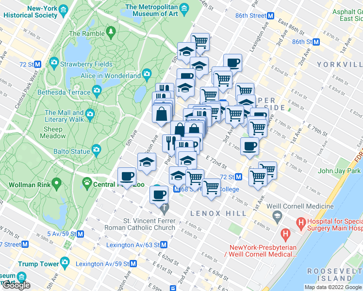 map of restaurants, bars, coffee shops, grocery stores, and more near 773 Park Avenue in New York