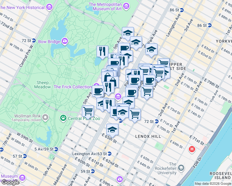 map of restaurants, bars, coffee shops, grocery stores, and more near in New York