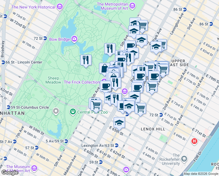 map of restaurants, bars, coffee shops, grocery stores, and more near 9 East 71st Street in New York