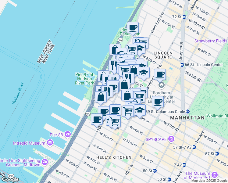 map of restaurants, bars, coffee shops, grocery stores, and more near 610 West 58th Street in New York