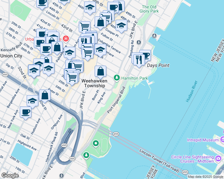 map of restaurants, bars, coffee shops, grocery stores, and more near in Weehawken