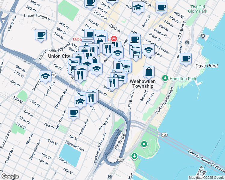 map of restaurants, bars, coffee shops, grocery stores, and more near 118 35th Street in Union City