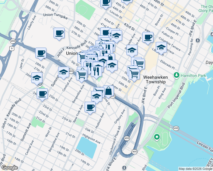 map of restaurants, bars, coffee shops, grocery stores, and more near 3322 Palisade Avenue in Union City
