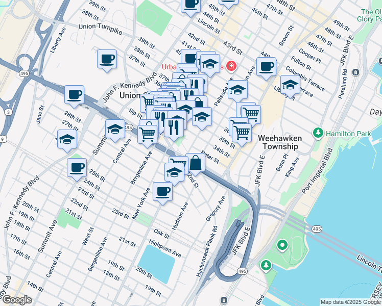 map of restaurants, bars, coffee shops, grocery stores, and more near 3322 Palisade Avenue in Union City