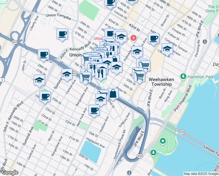 map of restaurants, bars, coffee shops, grocery stores, and more near 3322 Palisade Avenue in Union City