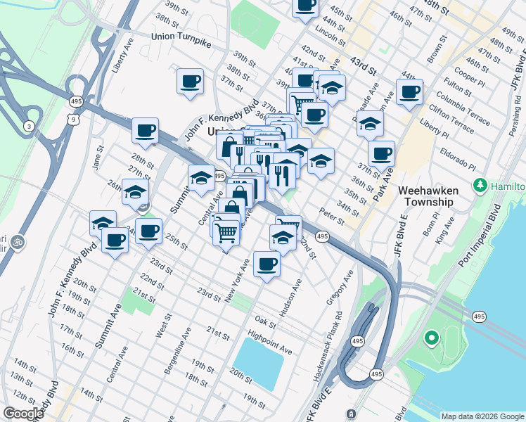 map of restaurants, bars, coffee shops, grocery stores, and more near 3100 Bergenline Avenue in Union City