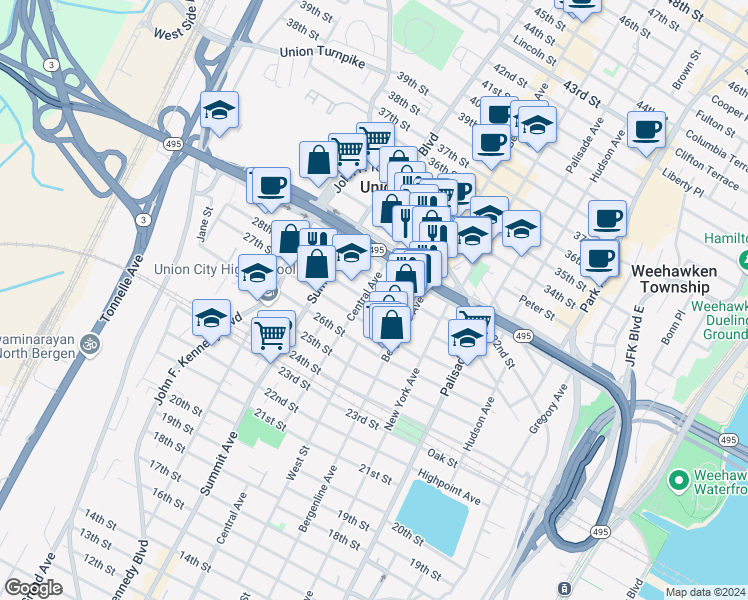 map of restaurants, bars, coffee shops, grocery stores, and more near 701 29th Street in Union City