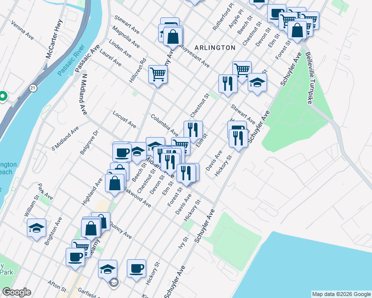 map of restaurants, bars, coffee shops, grocery stores, and more near 643-645 Devon Street in Kearny