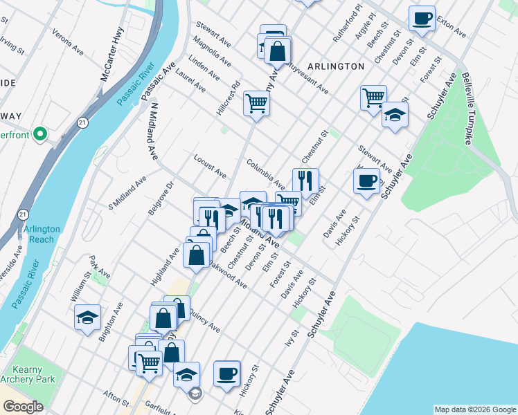 map of restaurants, bars, coffee shops, grocery stores, and more near 32 Argyle Place in Kearny