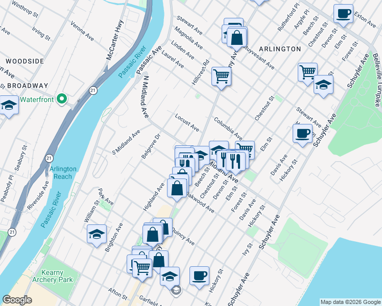 map of restaurants, bars, coffee shops, grocery stores, and more near in Kearny