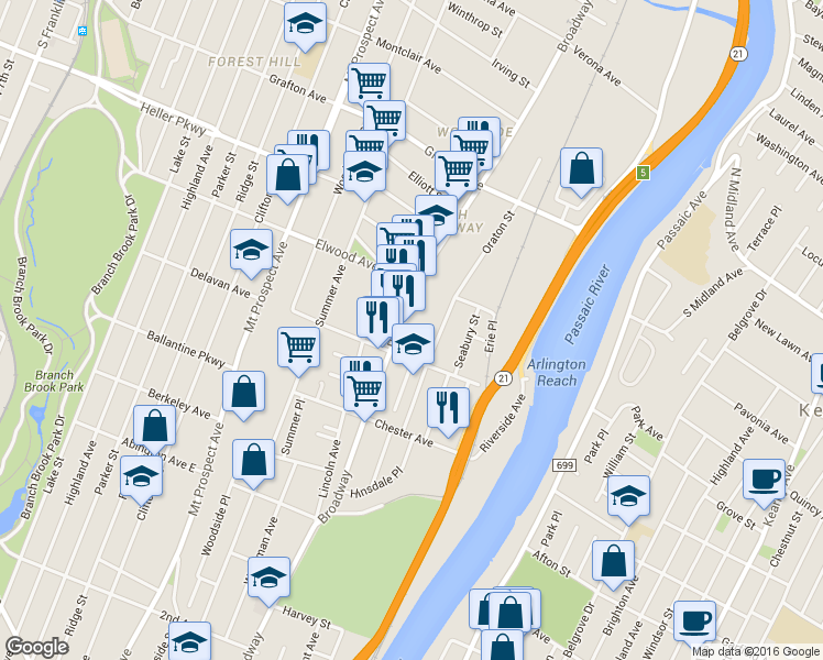 map of restaurants, bars, coffee shops, grocery stores, and more near 621-635 Broadway in Newark