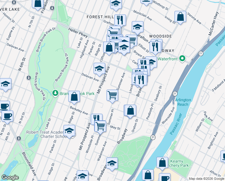 map of restaurants, bars, coffee shops, grocery stores, and more near 173 Delavan Avenue in Newark