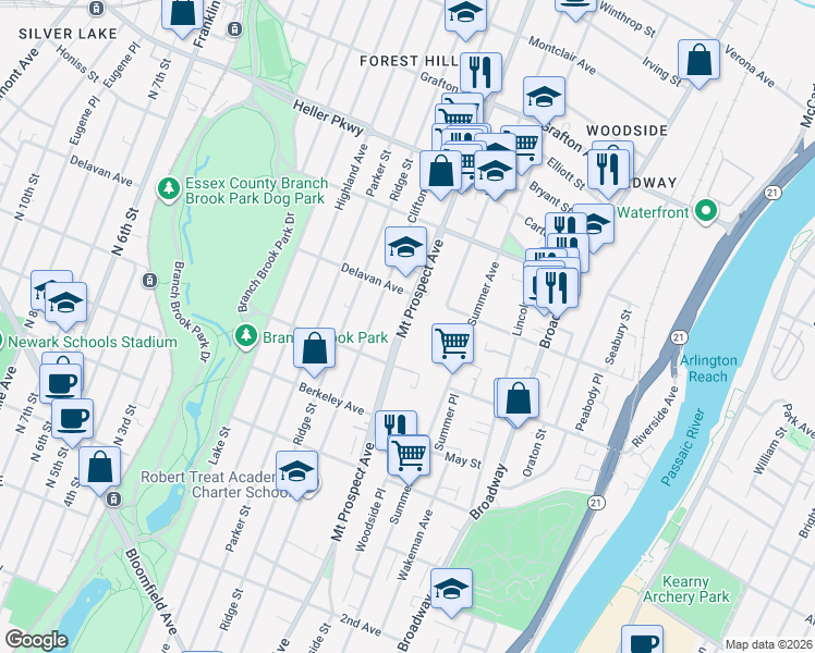 map of restaurants, bars, coffee shops, grocery stores, and more near 577 Mount Prospect Avenue in Newark