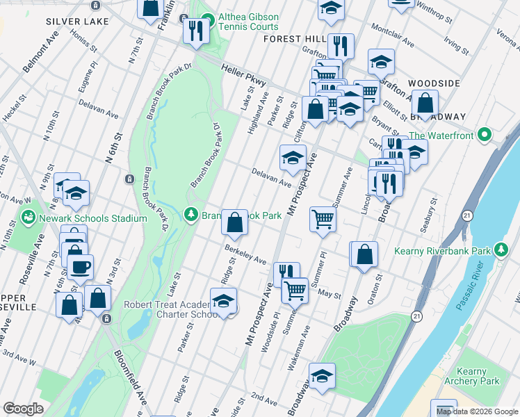 map of restaurants, bars, coffee shops, grocery stores, and more near 530 Ridge Street in Newark
