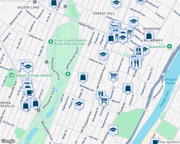 map of restaurants, bars, coffee shops, grocery stores, and more near 530 Ridge Street in Newark