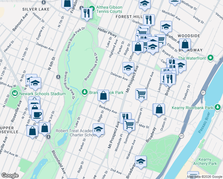 map of restaurants, bars, coffee shops, grocery stores, and more near 530 Ridge Street in Newark